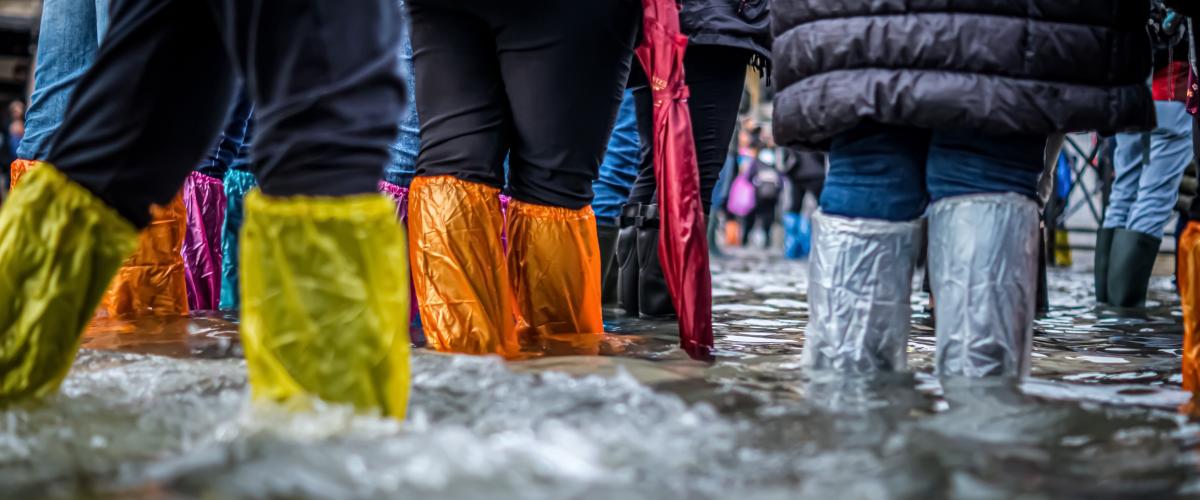 people walking on flooded ground