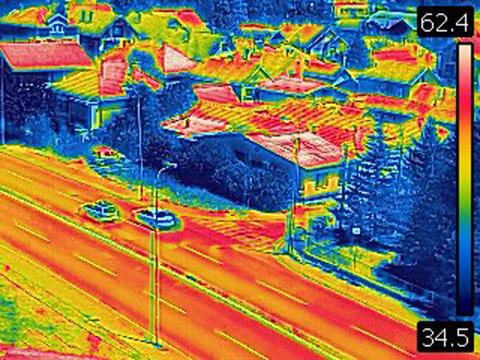 Image taken with infra red camera. Each color represents different temperatures, as is shown on spectrum scale on right side of image. Temperature in upper left corner is temperature of point where cursor is. Credit: Marccophoto